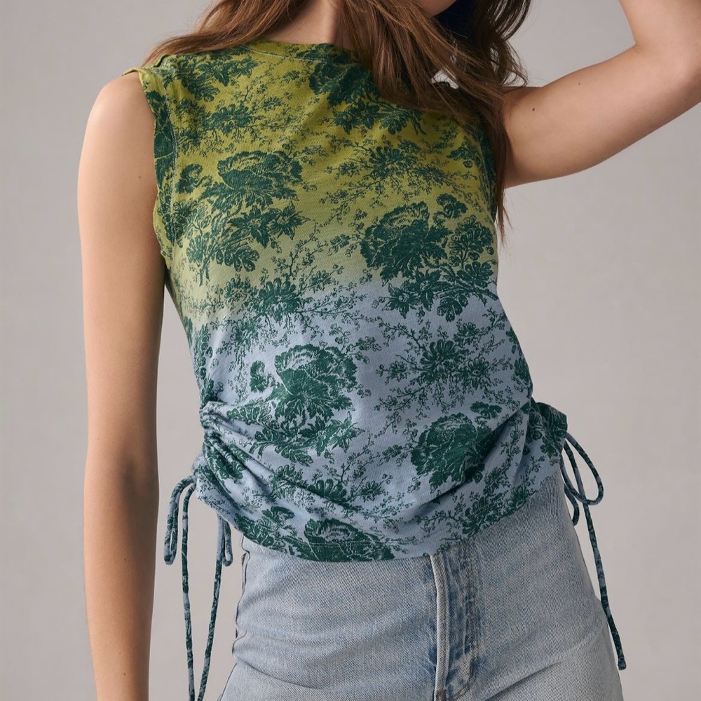 Pilcro Ruched Sleeveless Top Blue Green Motif Size L